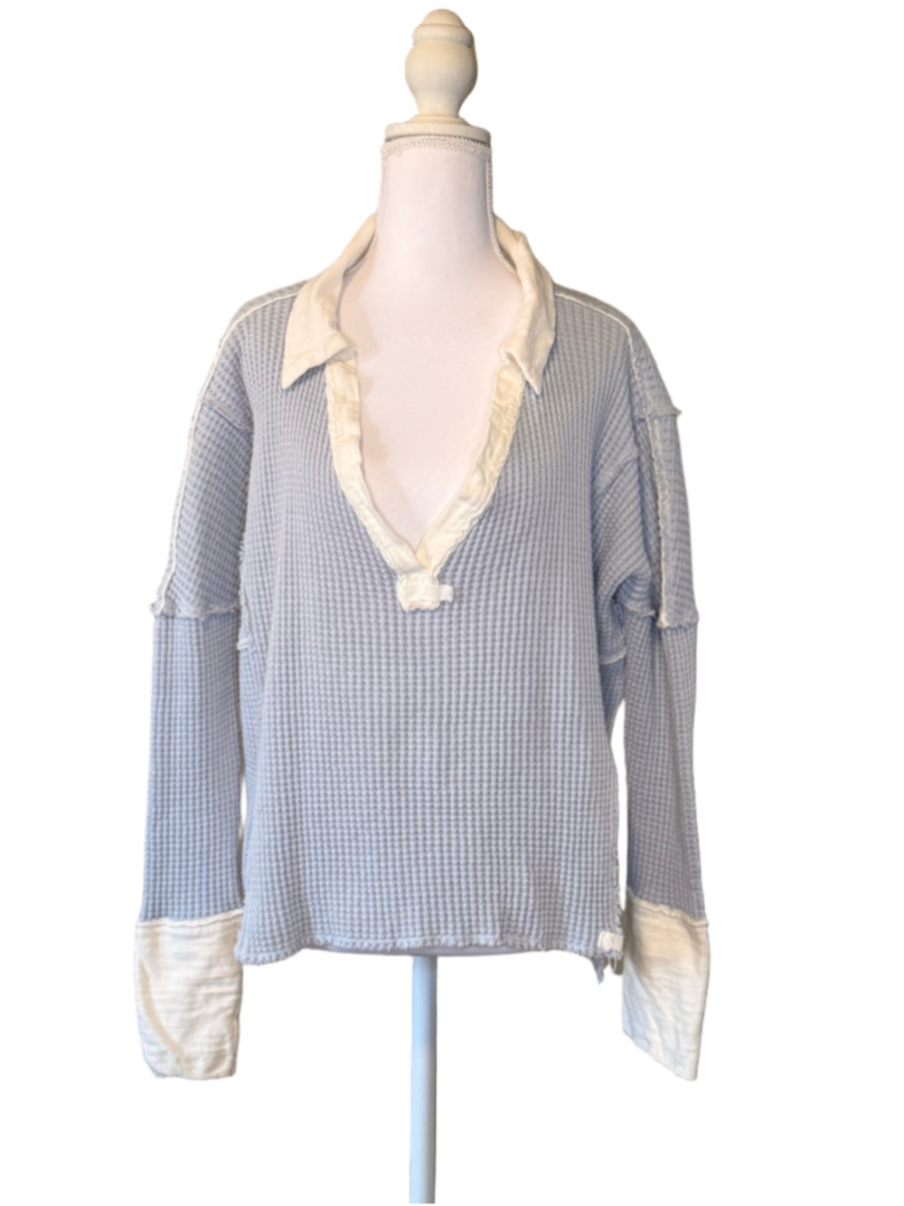 Women's We The Free Waffle Knit Long Sleeve Top, Size M, Blue and White